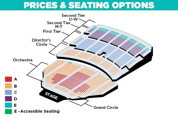 Broadway seating chart. Includes sections A-E and at different price points.