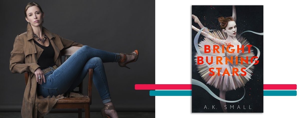 headshot of A.K. Small alongside the cover art for her book 'Bright Burning Stars'