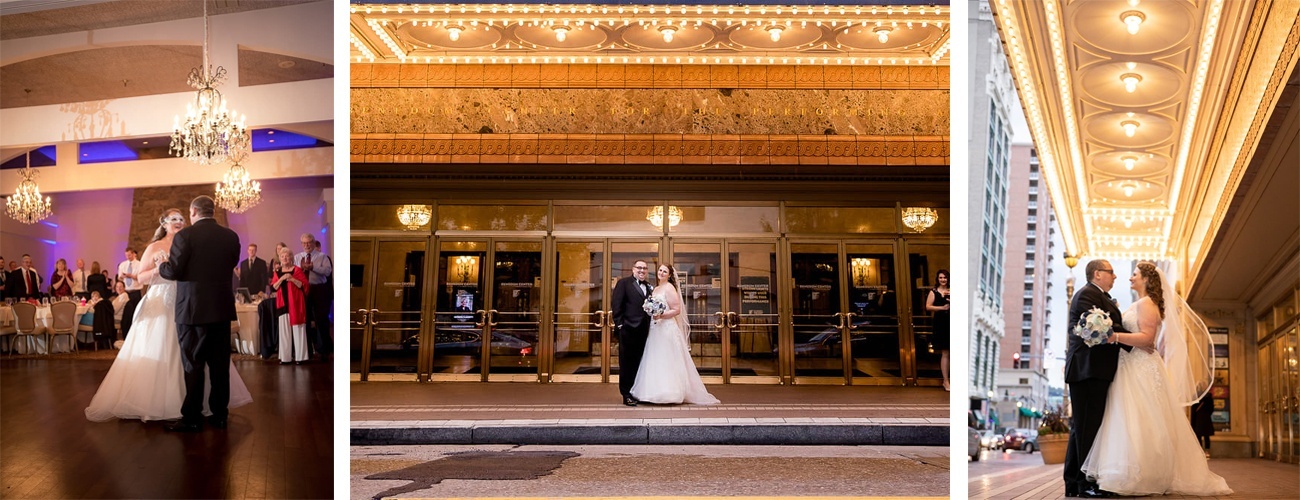 wedding photos steve and maureen, from left to right: the couple dances at their reception, the couple poses under the Benedum Center marquee, the couple poses in front of the Benedum Center