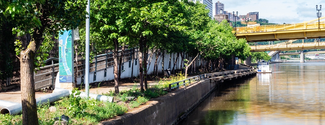 A wide shot of the Allegheny Riverfront Park, looking towards Point State Park