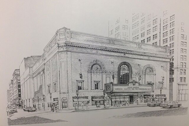 Black and white sketch of the Benedum Center exterior with arched windows, a marquee, and brick facade.