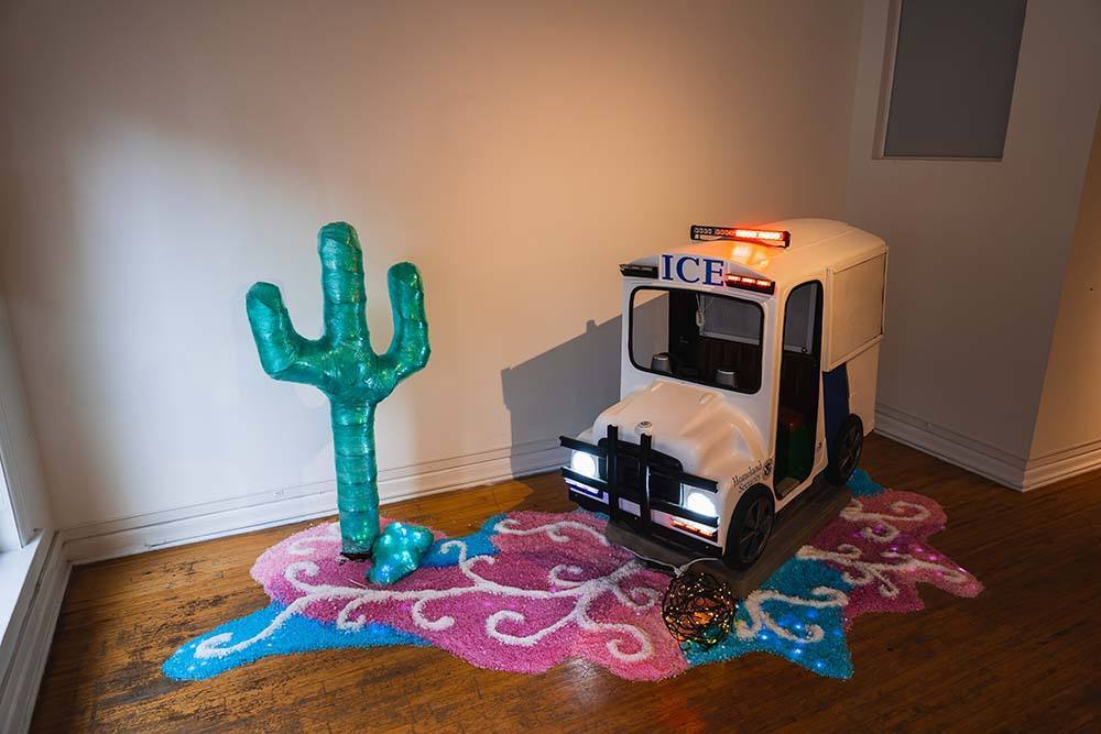 A child's ride converted to look like an ICE detention van rather than a school bus