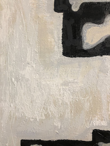 a roughly-textured black and white painting of abstract shapes representing bones