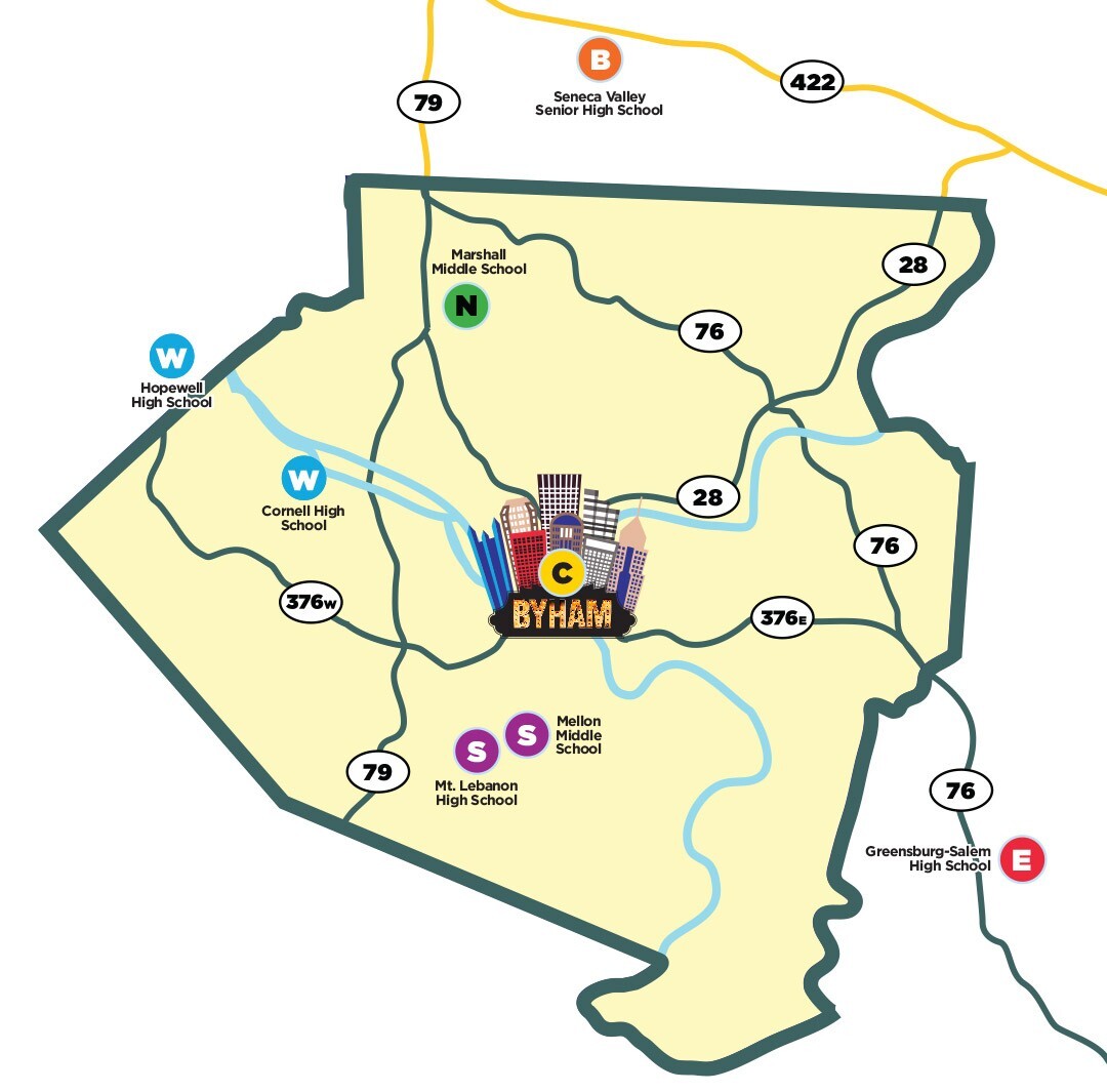 map of children's theater performance locations in Pittsburgh