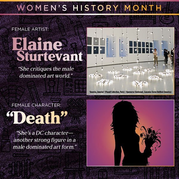 A graphic with an art installation of lights by Elaine Sturtevant and a silhouette figure of Death, the DC character. Diana says, 'Elaine Sturtevant critiques the male dominated art world,' and 'Death is a DC character- another strong figure in a male dominated world.'