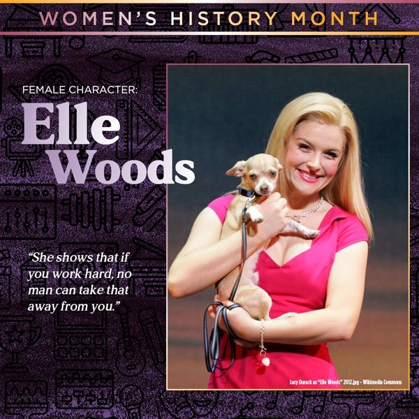 A graphic with an image of the female character Elle Woods. Courtney says 'She shows that if you work hard, no man can take that away from you.'