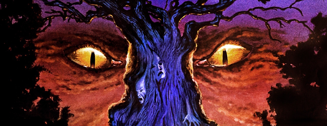 an illustration of a purple tree with red eyes in the sky on either side of the trunk