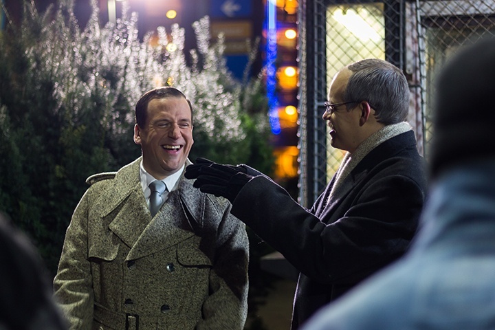 actors portraying kevin mcmahon and arty laugh together on set