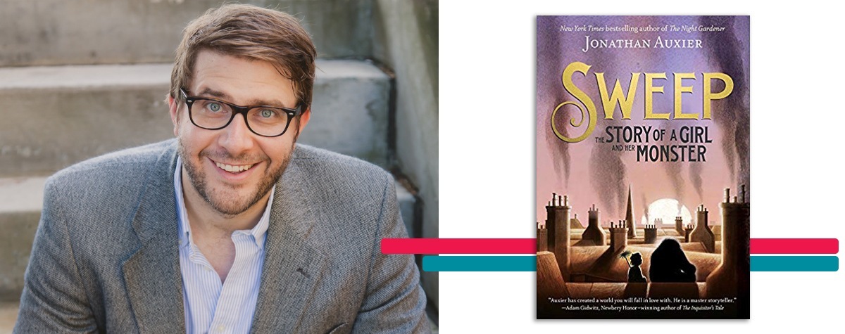 headshot of jonathan auxier alongside the cover art for his book 'Sweep: The Story of a Girl and Her Monster'