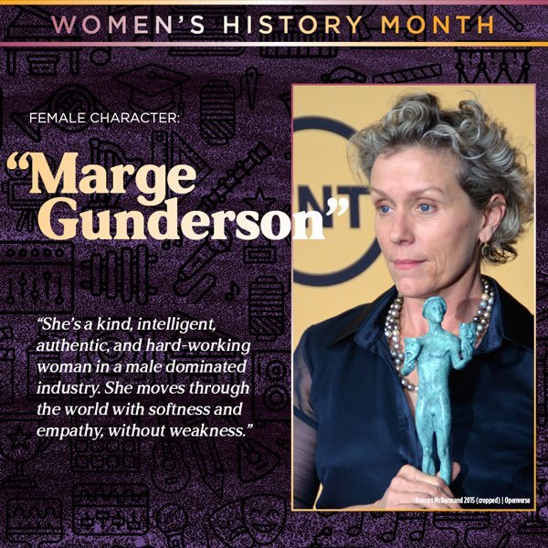 A graphic with an image of Frances McDormand who plays the character Marge Gunderson. Zoe says 'She's a kind, intelligent, hard-working woman in a male dominated industry. She moves through the world with softness and empathy, without weakness.' 