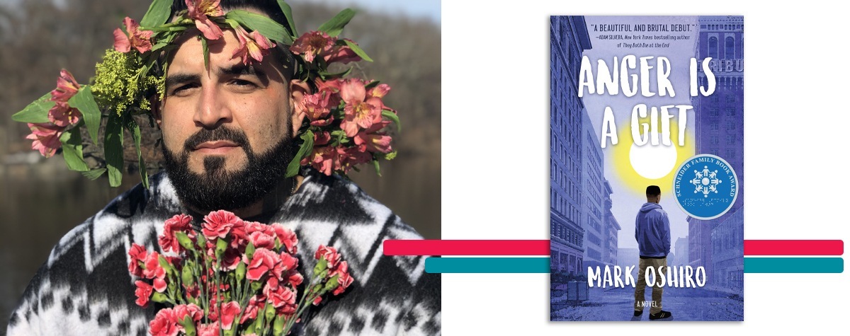 headshot of Mark Oshiro alongside the cover art for his book 'Anger Is A Gift'