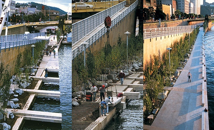 Three shots of the park: two during construction while workers laid the concrete path and one with the finished path