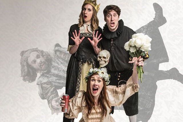 Three actors in Elizabethan garb look at the camera, mouths open.
