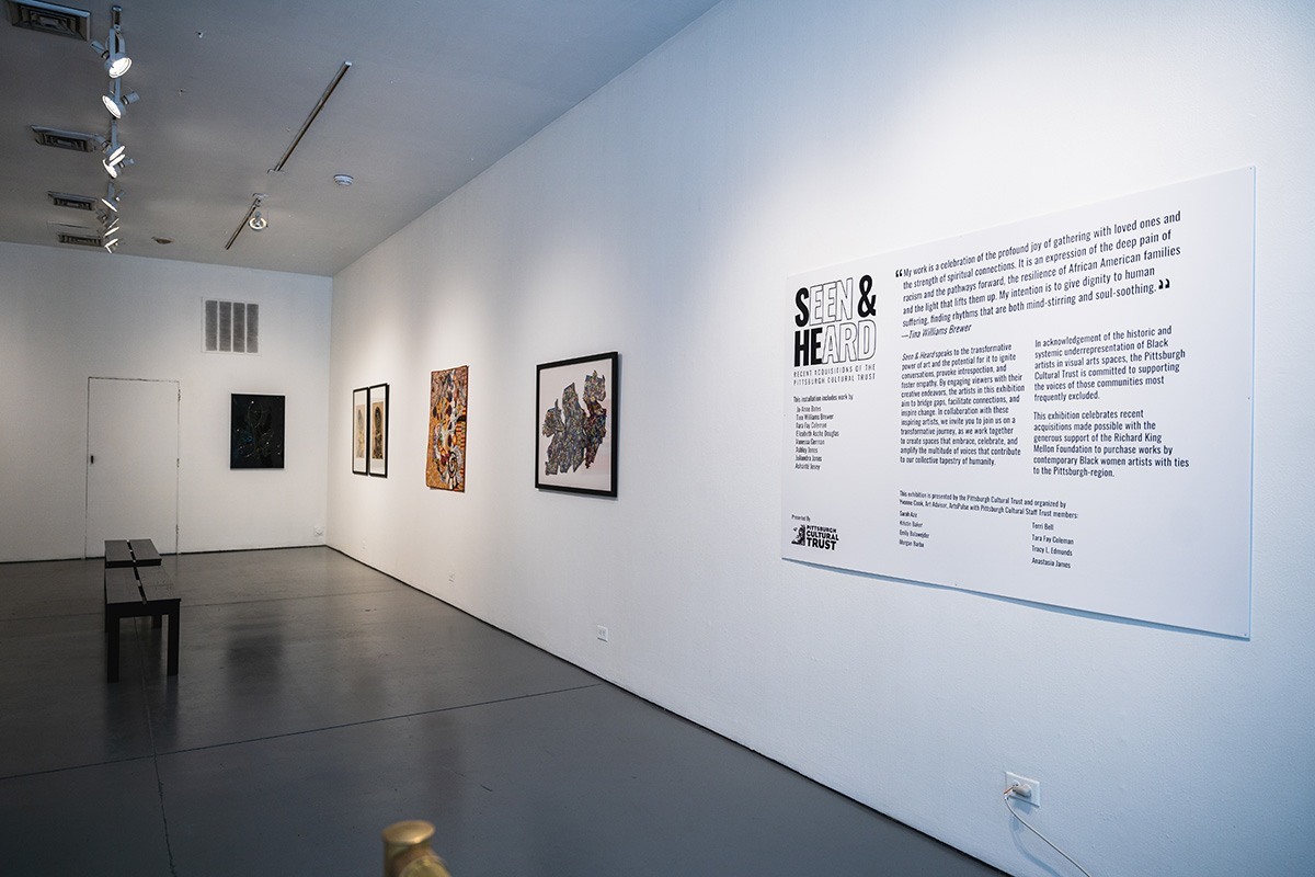 a small gallery space with work hung on the walls. a large gallery statement hangs next to them.