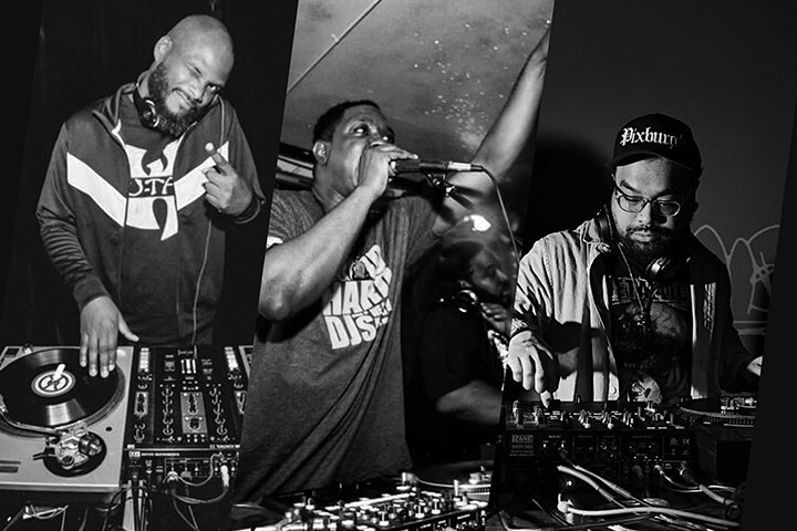 a composite image of the three DJs performing at Crawl After Dark