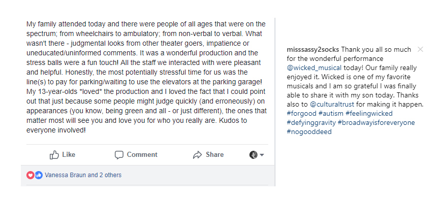 a Facebook post and Instagram comment showing positive feedback from the performance