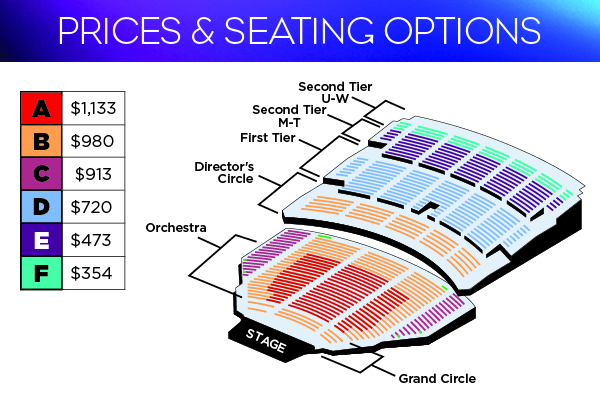 Broadway seating chart. Includes sections A-F and at different price points.