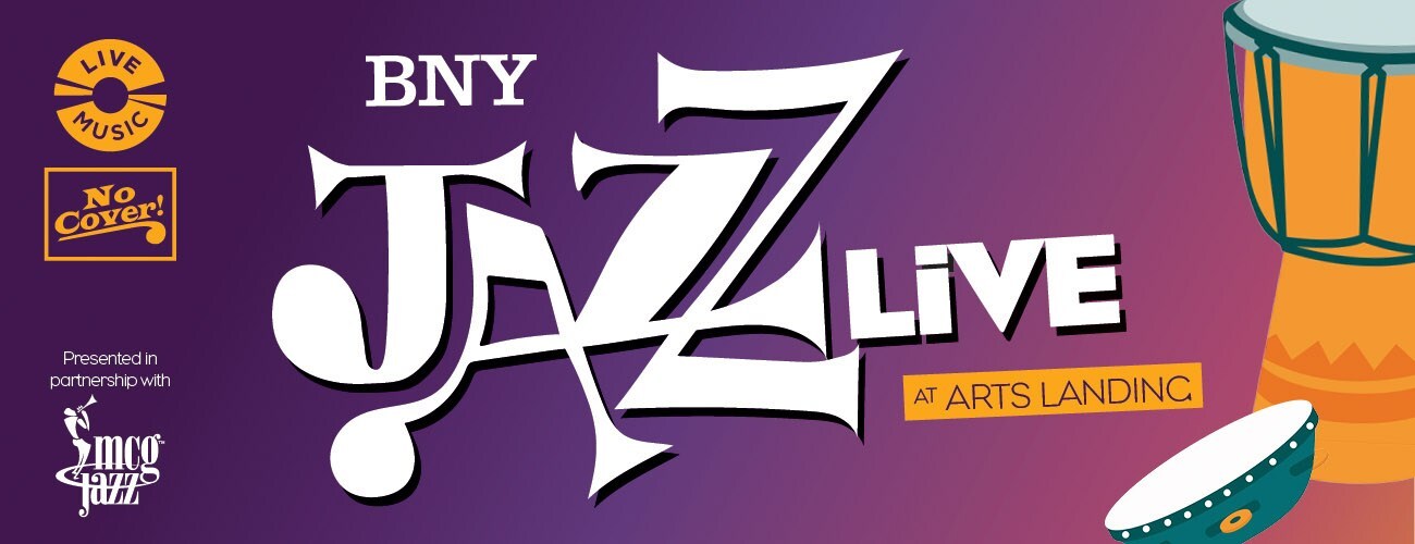 Colorful graphic for BNY JAZZ LIVE with a drum illustrations, No Cover! badge, and Live Music circle. Text notes a partnership with the Pittsburgh Cultural Trust.