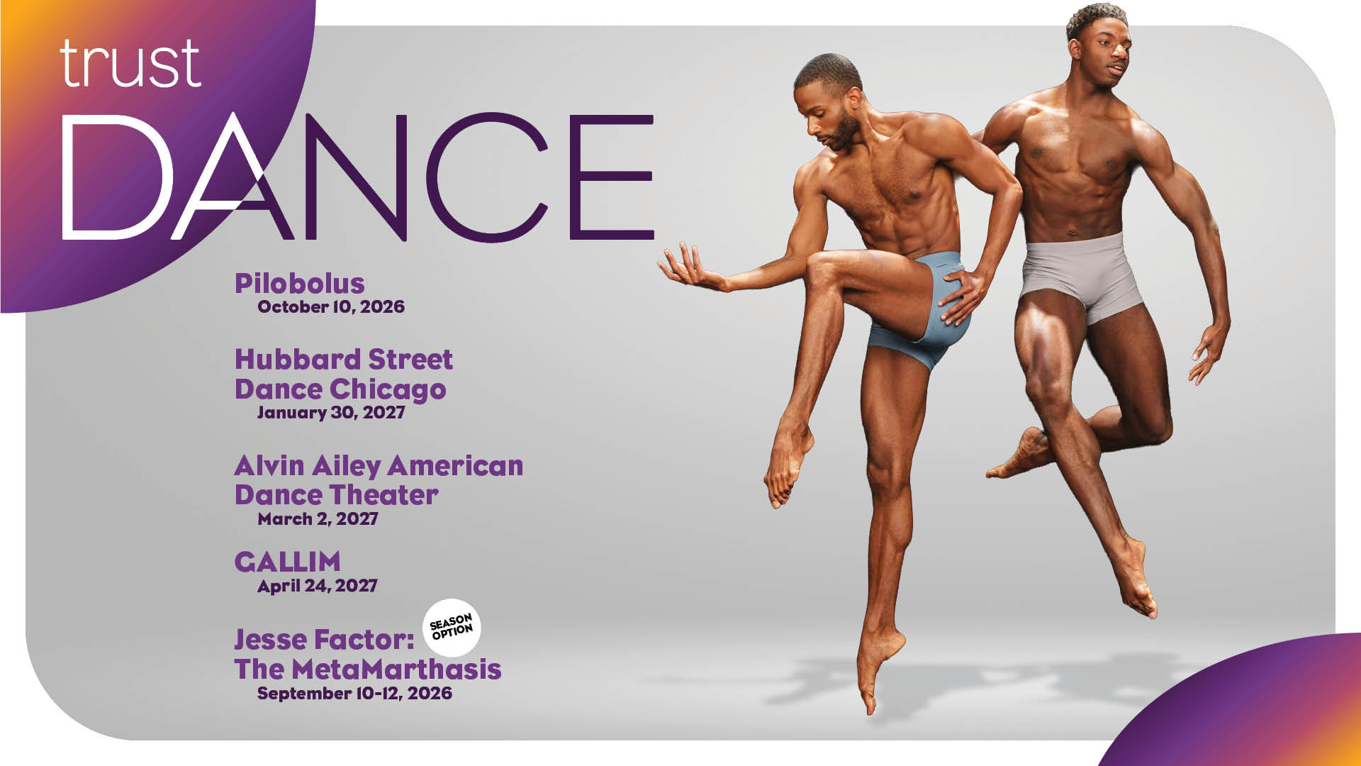 Two male dancers perform dynamic dance moves in minimal, form-fitting attire against a white background. Text lists dance companies and performance dates, with “trust DANCE” in large letters at the top left.