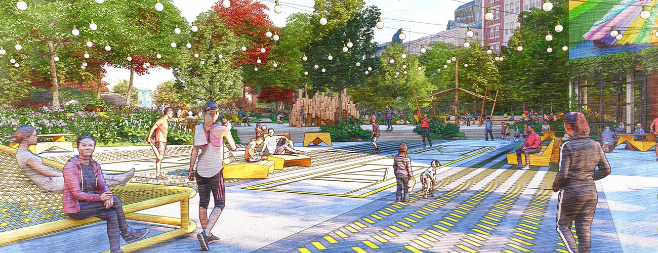 A drawing or rendering of the future Arts Landing. It features many trees, lights hanging, a walk way, and various benches. People are sitting and walking through the area.