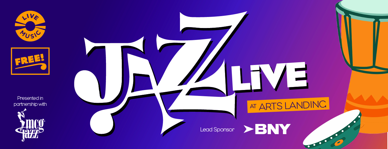Colorful graphic for BNY JAZZ LIVE with a drum illustrations, No Cover! badge, and Live Music circle. Text notes a partnership with the Pittsburgh Cultural Trust.
