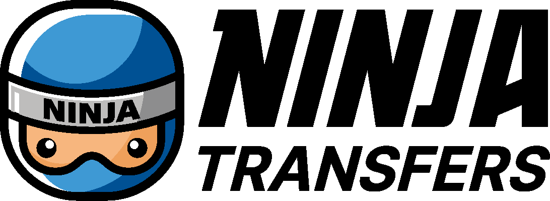 Logo with a cartoon ninja head in a blue helmet labeled NINJA on the left, and bold black text NINJA TRANSFERS on the right. The background is white.