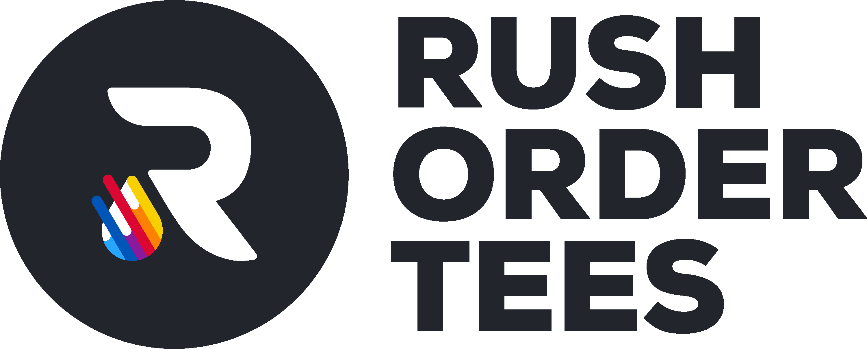 Rush Order Tees logo with a large black circle containing a white R and colorful streaks, next to bold text reading RUSH ORDER TEES in uppercase letters..