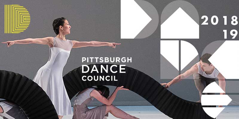dancer in white with arms outstretched in front of a black tube scene element, Pittsburgh Dance Council logo, 2018 2019 season