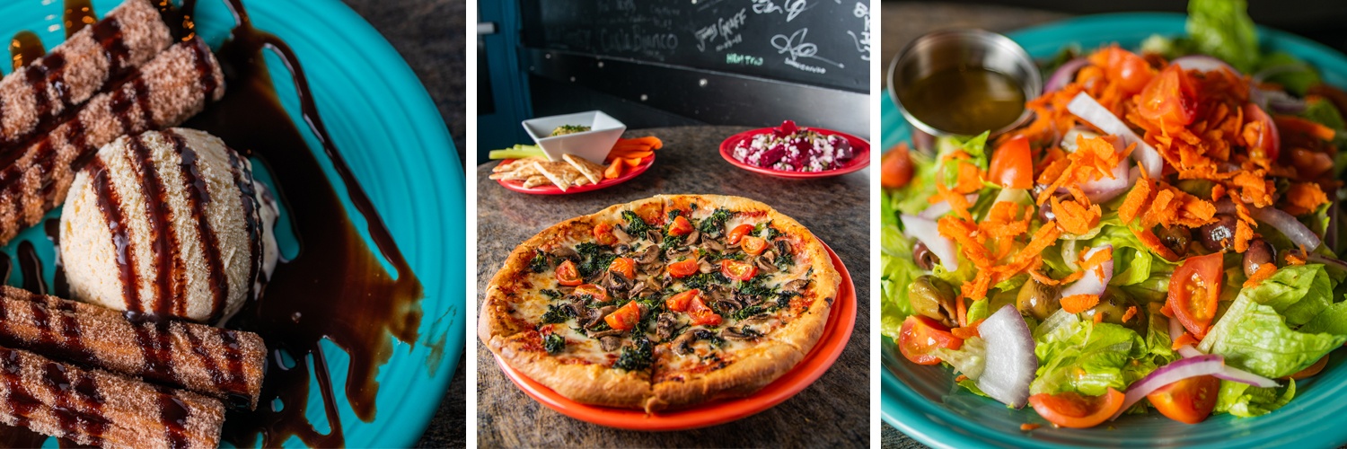 a banner of three menu item pictures: churros and ice cream, mushroom and spinach flatbread, and a house salad