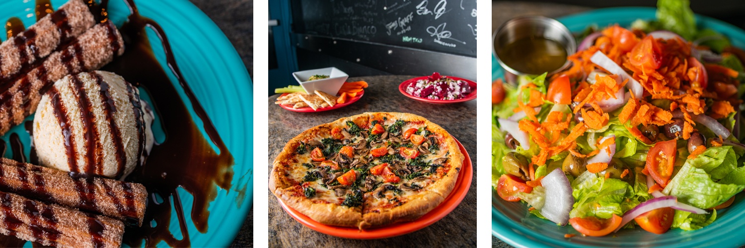 a banner of three menu item pictures: churros and ice cream, mushroom and spinach flatbread, and a house salad