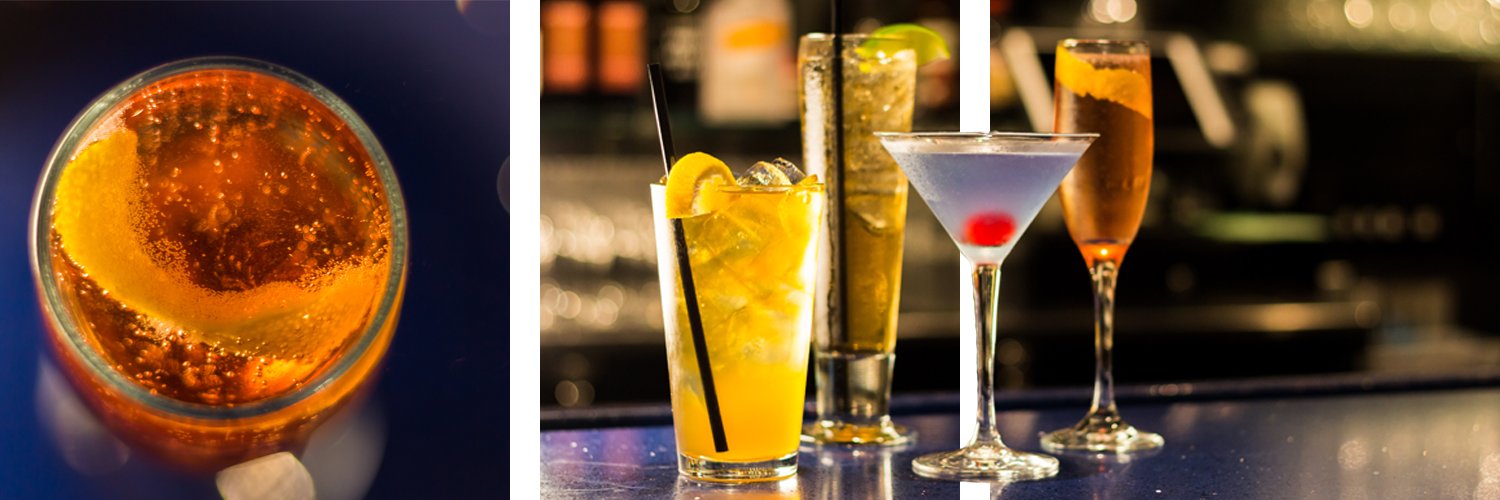 two photos of cocktails available at the backstage bar