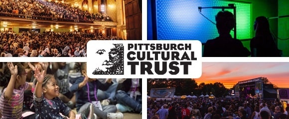 The Pittsburgh Cultural Trust logo surrounded by four pictures: one of a full audience at the benedum center, one of two people looking at a visual art piece at wood street galleries, one of a young child raising their hand and one of the three rivers arts festival main stage and crowd at sunset