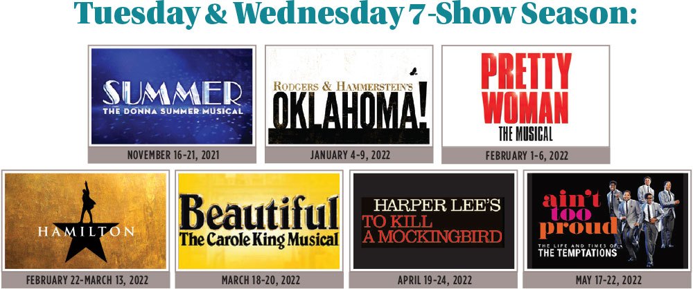 Logos for Summer: The Donna Summer Musical, Roger & Hammerstein's Oklahoma!, Pretty Woman The Musical, Beautiful: The Carole King Musical, Harper Lee's To Kill a Mockingbird, and Ain't Too Proud
