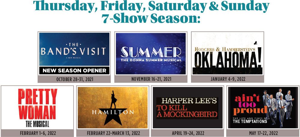 Logos for The Band's Visit, Summer: The Donna Summer Musical, Roger & Hammerstein's Oklahoma!, Pretty Woman The Musical, Harper Lee's To Kill a Mockingbird, and Ain't Too Proud