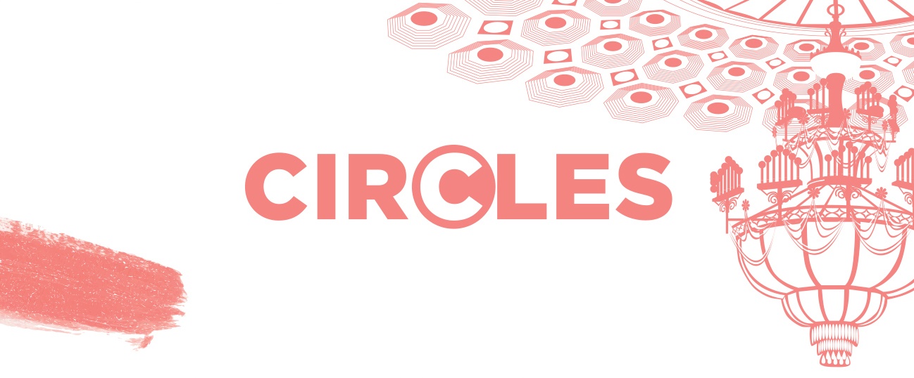 pink illustrations of the benedum center chandelier and ceiling. the word 'circles' is in the center