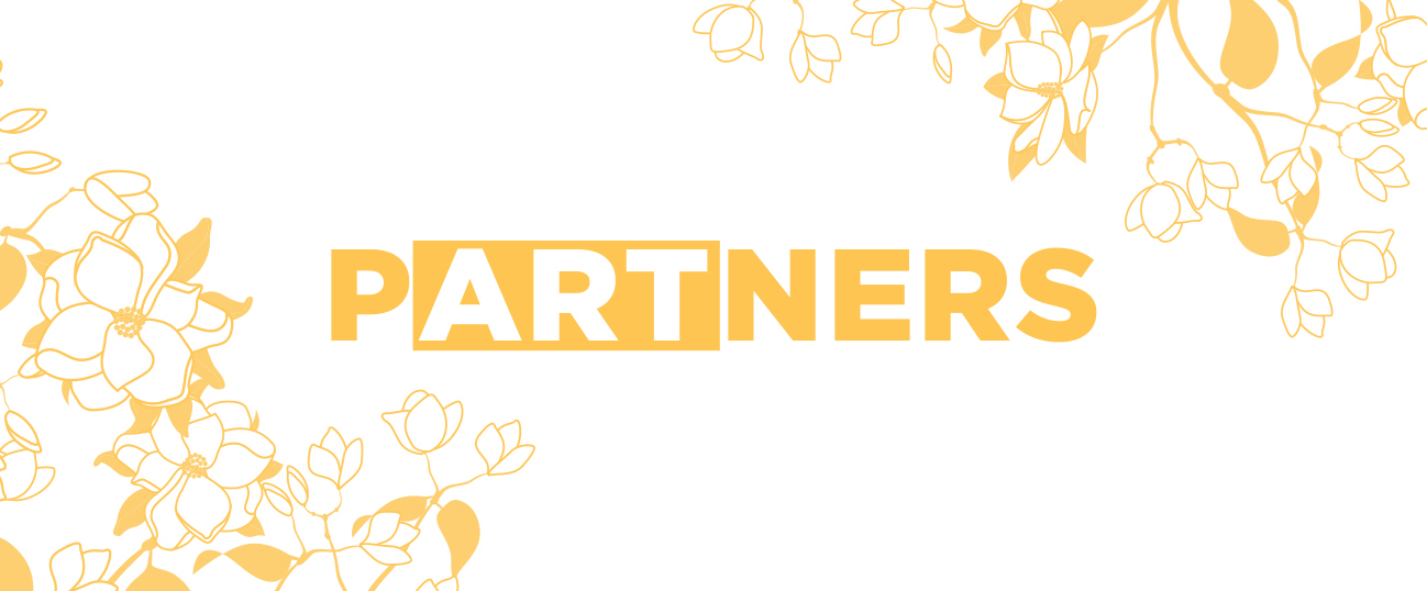 yellow illustrations of flowering trees with the text 'partners' in the center